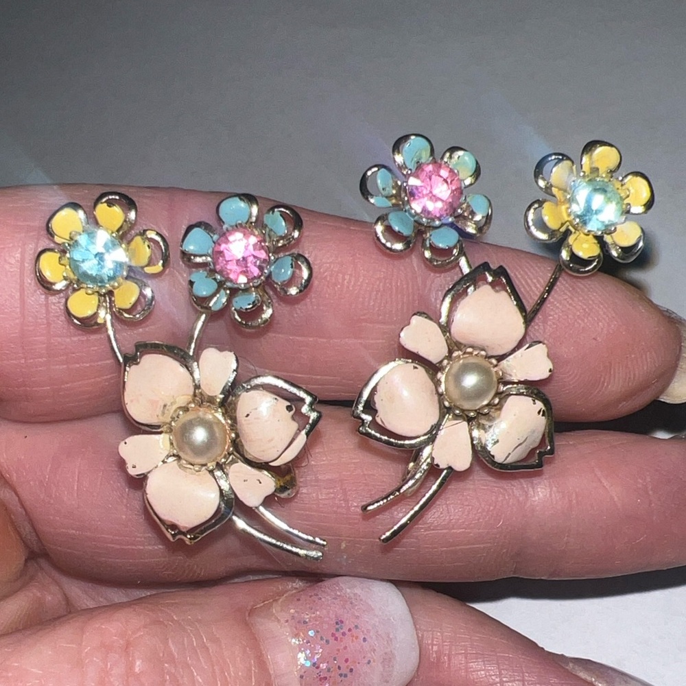 Vintage MCM Enamel Floral Pastel Earrings